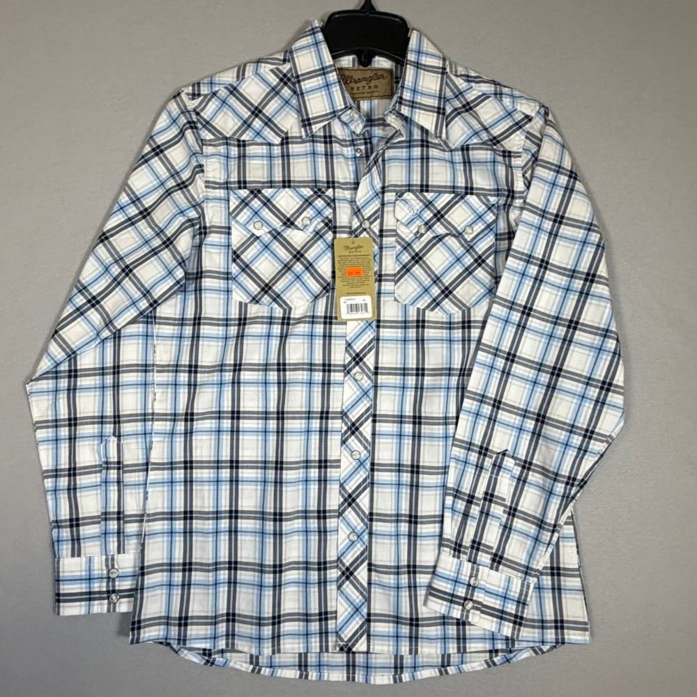 Wrangler Retro Boys XL 14-16 Blue Plaid Western Long Sleeve Snap Shirt